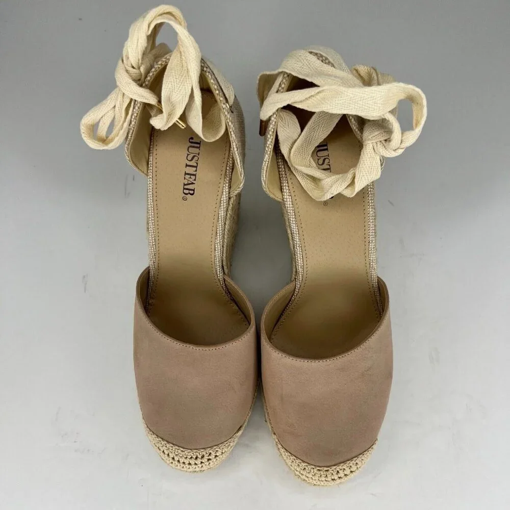 Justfab Womens Lauren Taupe Espadrille Closed Toe Lace Up Wrap Size 10 Sandals